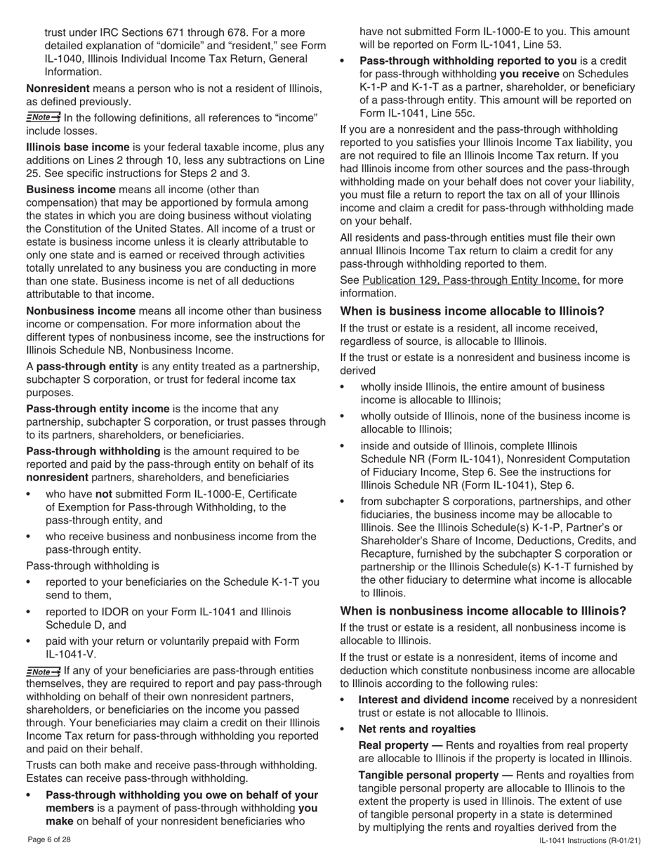 Instructions for Form IL-1041 Fiduciary Income and Replacement Tax Return - Illinois, Page 6