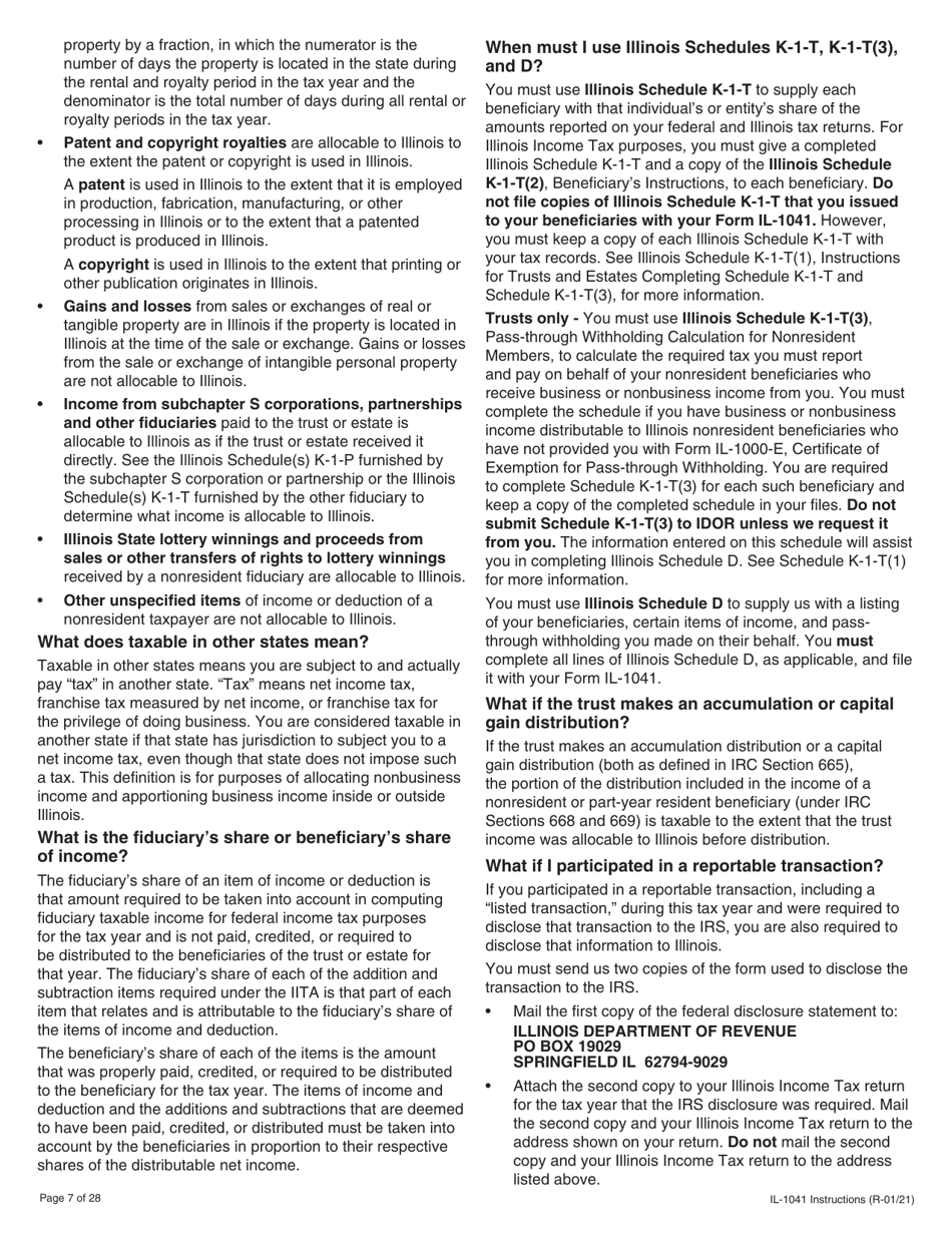 Instructions for Form IL-1041 Fiduciary Income and Replacement Tax Return - Illinois, Page 7