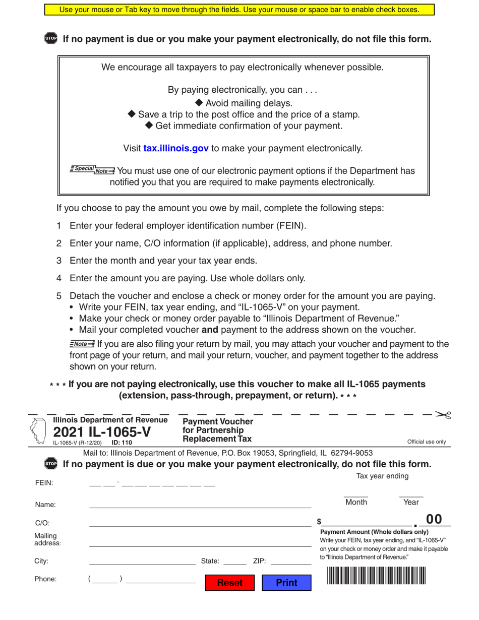 Form IL-1065-V Payment Voucher for Partnership Replacement Tax - Illinois, Page 1