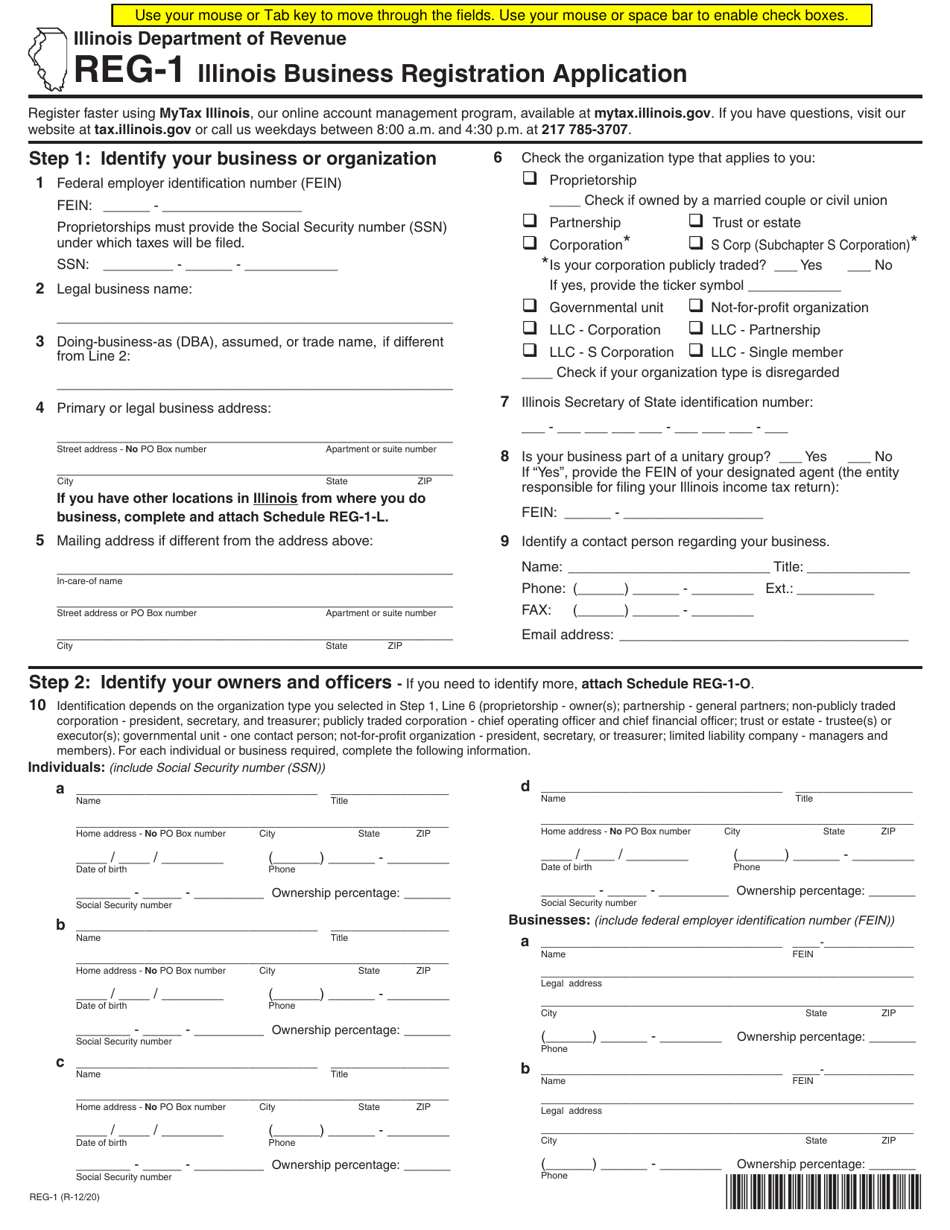 Form REG-1 Illinois Business Registration Application - Illinois, Page 1