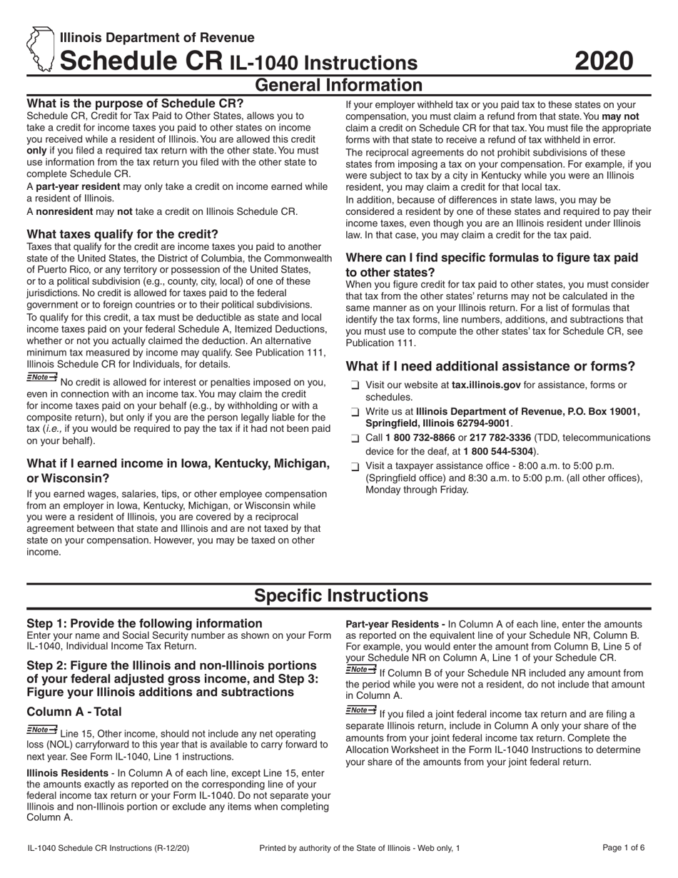 Instructions for Form IL-1040 Schedule CR Credit for Tax Paid to Other States - Illinois, Page 1