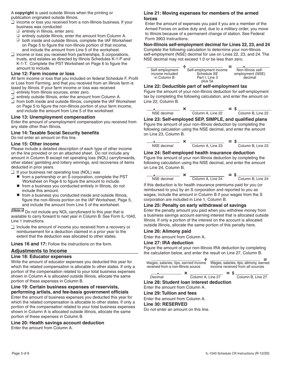 Instructions for Form IL-1040 Schedule CR Credit for Tax Paid to Other States - Illinois, Page 3