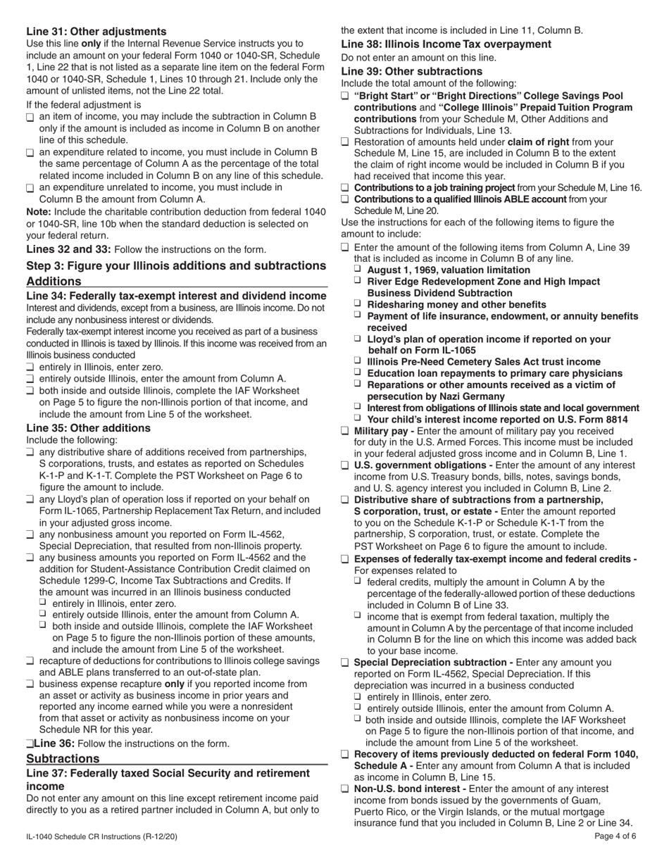 Instructions for Form IL-1040 Schedule CR Credit for Tax Paid to Other States - Illinois, Page 4