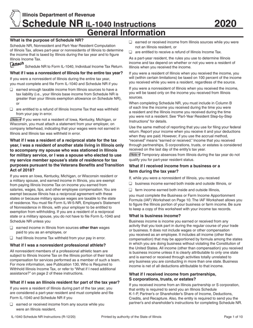 Form IL-1040 Schedule NR 2020 Printable Pdf