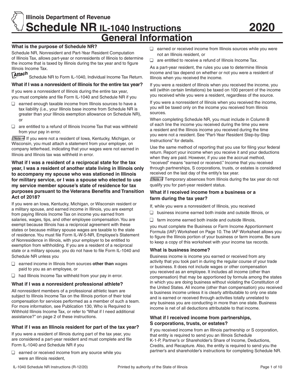 Instructions for Form IL-1040 Schedule NR Nonresident and Part-Year Resident Computation of Illinois Tax - Illinois, Page 1