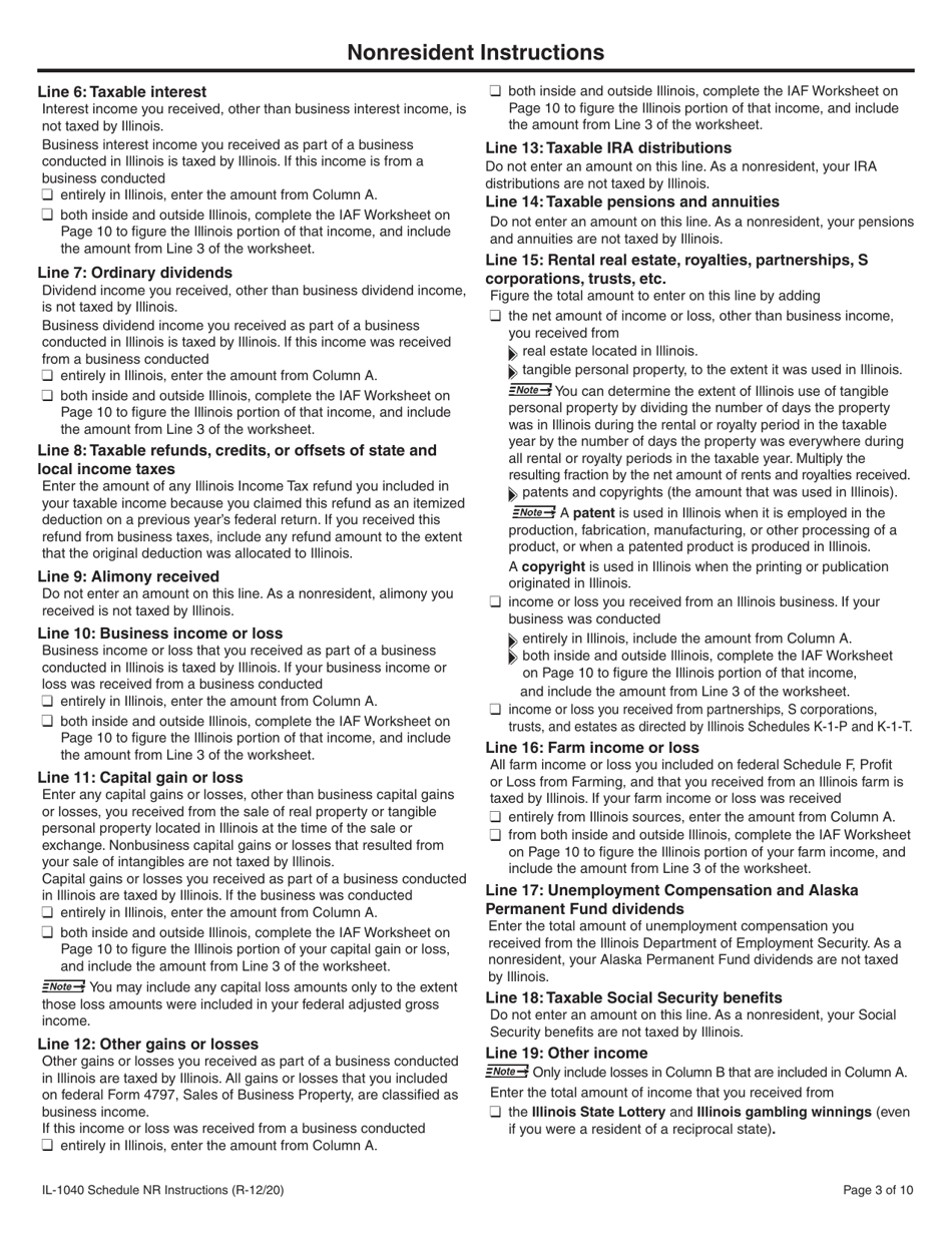 Instructions for Form IL-1040 Schedule NR Nonresident and Part-Year Resident Computation of Illinois Tax - Illinois, Page 3