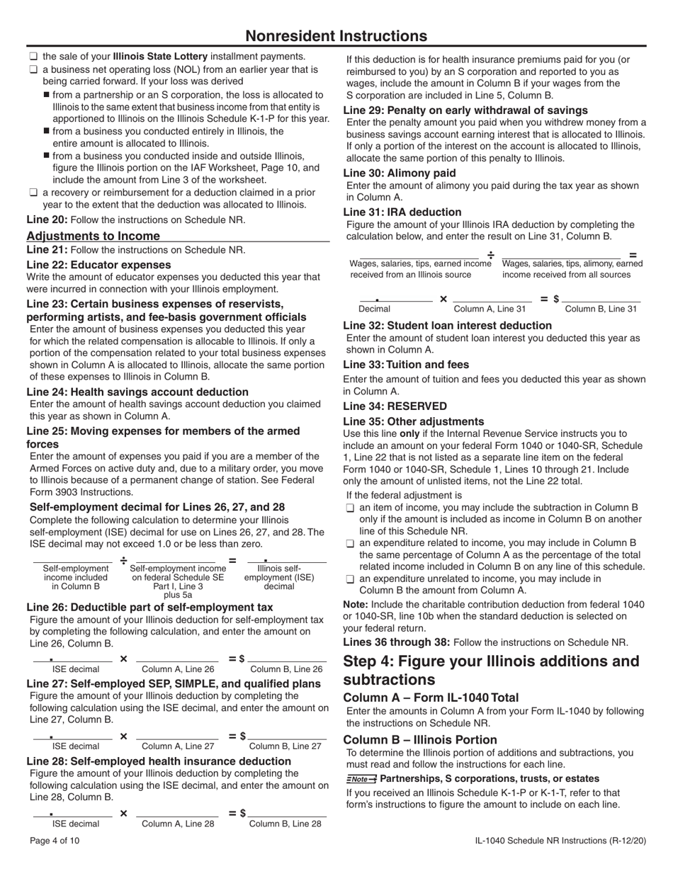 Instructions for Form IL-1040 Schedule NR Nonresident and Part-Year Resident Computation of Illinois Tax - Illinois, Page 4
