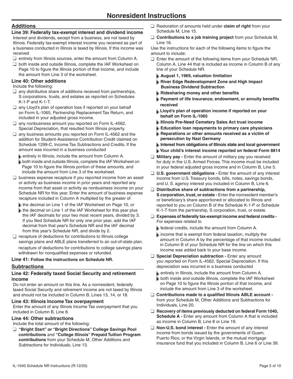 Instructions for Form IL-1040 Schedule NR Nonresident and Part-Year Resident Computation of Illinois Tax - Illinois, Page 5