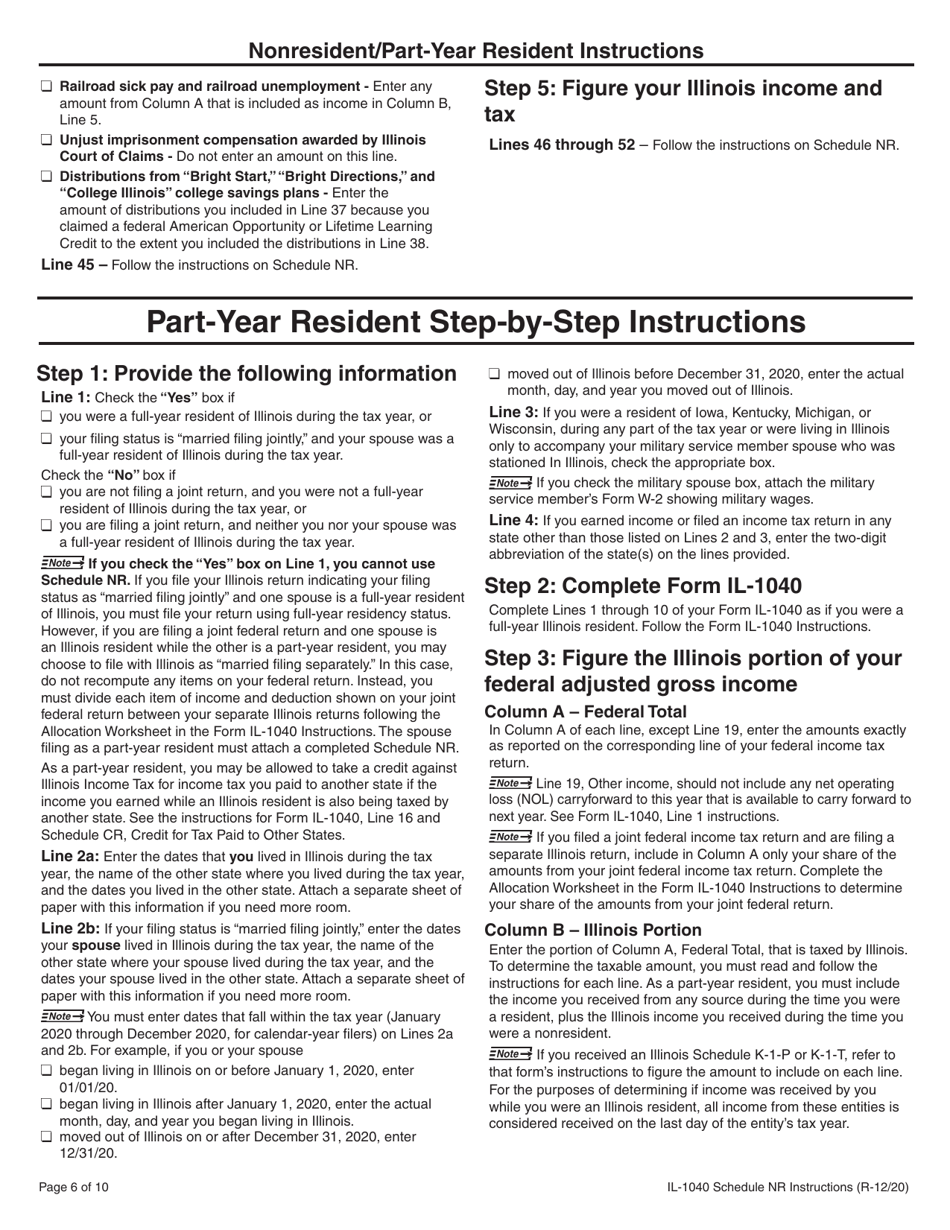 Instructions for Form IL-1040 Schedule NR Nonresident and Part-Year Resident Computation of Illinois Tax - Illinois, Page 6
