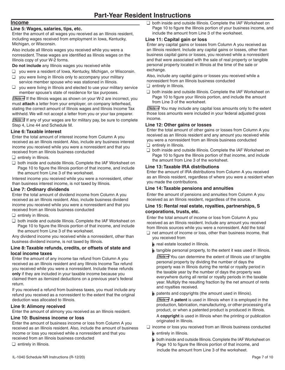 Instructions for Form IL-1040 Schedule NR Nonresident and Part-Year Resident Computation of Illinois Tax - Illinois, Page 7
