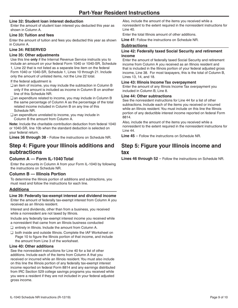 Instructions for Form IL-1040 Schedule NR Nonresident and Part-Year Resident Computation of Illinois Tax - Illinois, Page 9