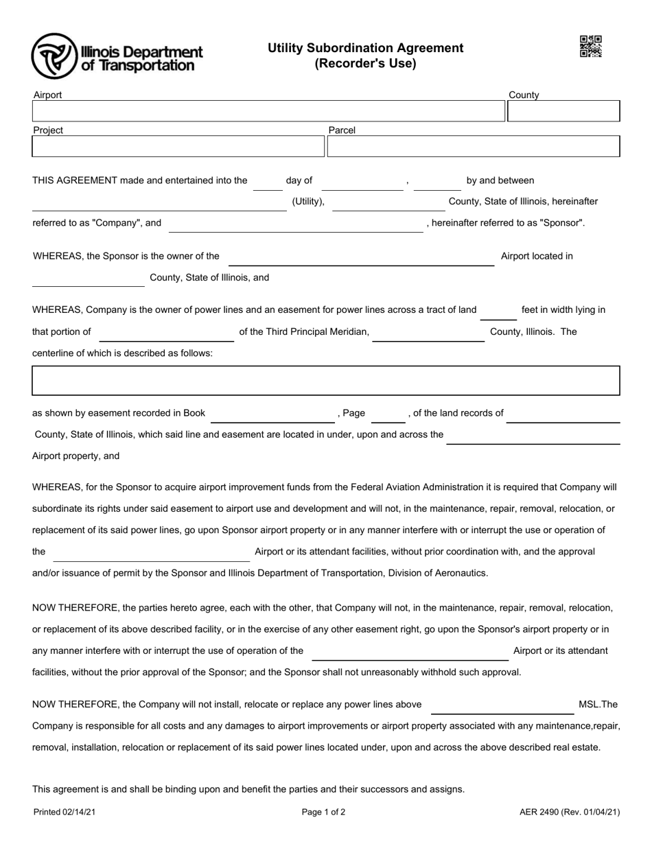 Form AER2490 Utility Subordination Agreement - Illinois, Page 1