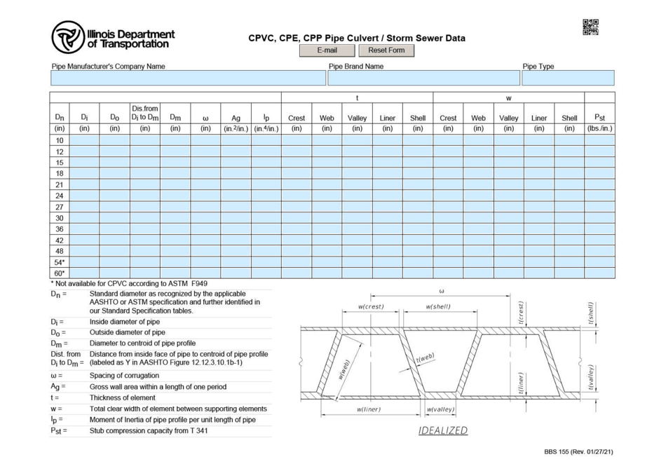 Form BBS155 Cpvc, Cpe, Cpp Pipe Culvert / Storm Sewer Data - Illinois, Page 1