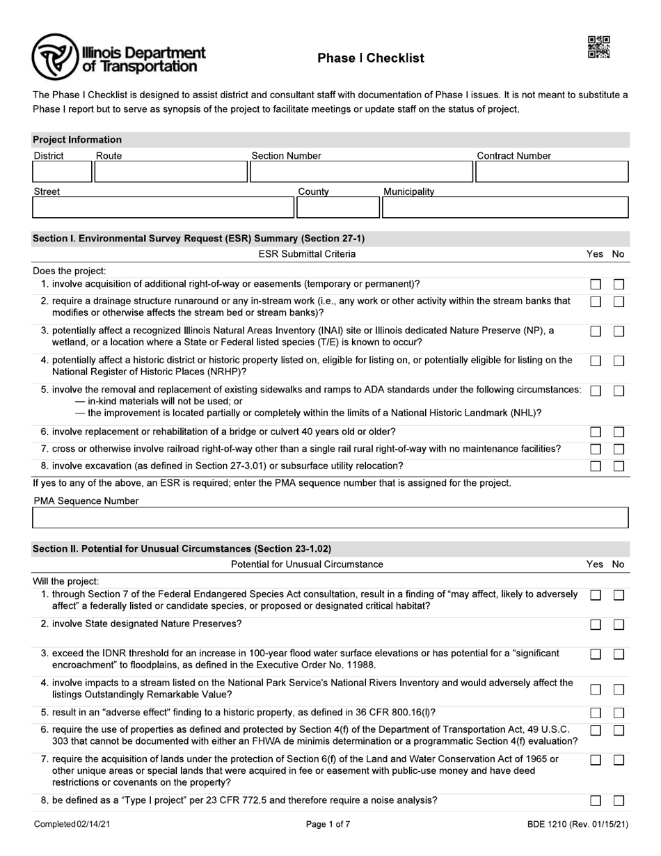 Form BDE1210 Phase I Checklist - Illinois, Page 1