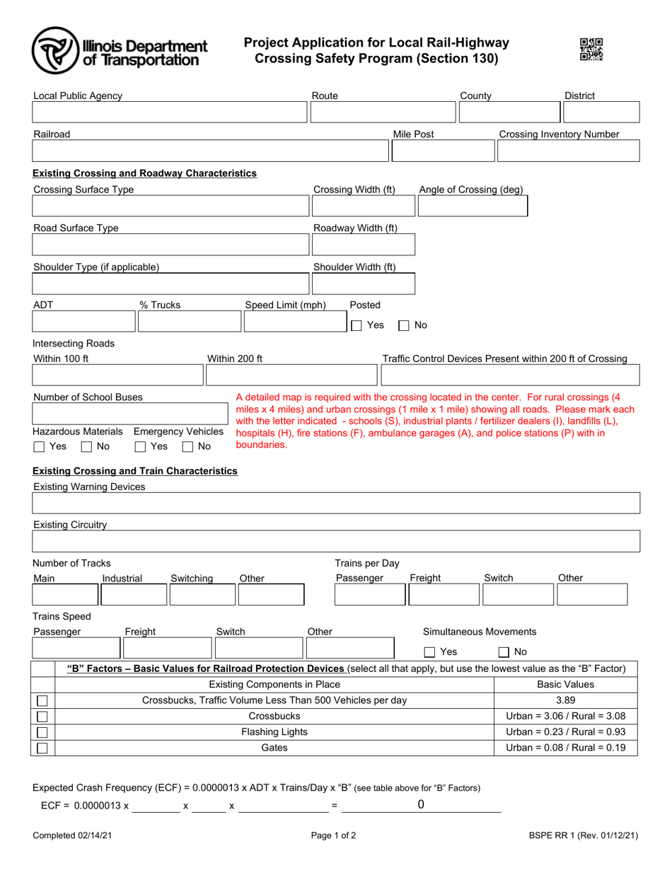 Form BSPE RR1 Project Application for Local Rail-Highway Crossing Safety Program (Section 130) - Illinois, Page 1
