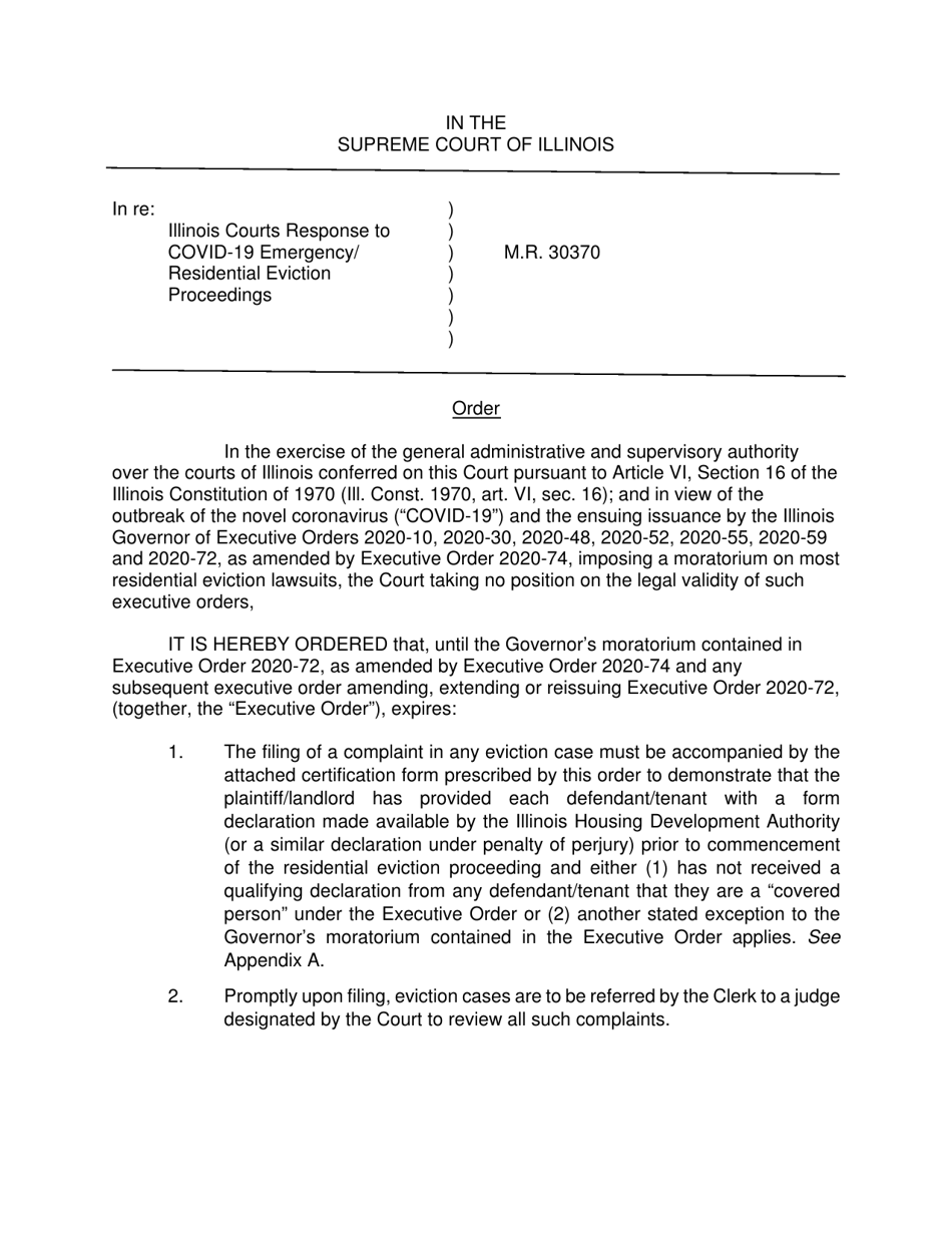 Appendix A Plaintiffs Certification of Compliance With the Governors Executive Order on Evictions - Illinois, Page 1