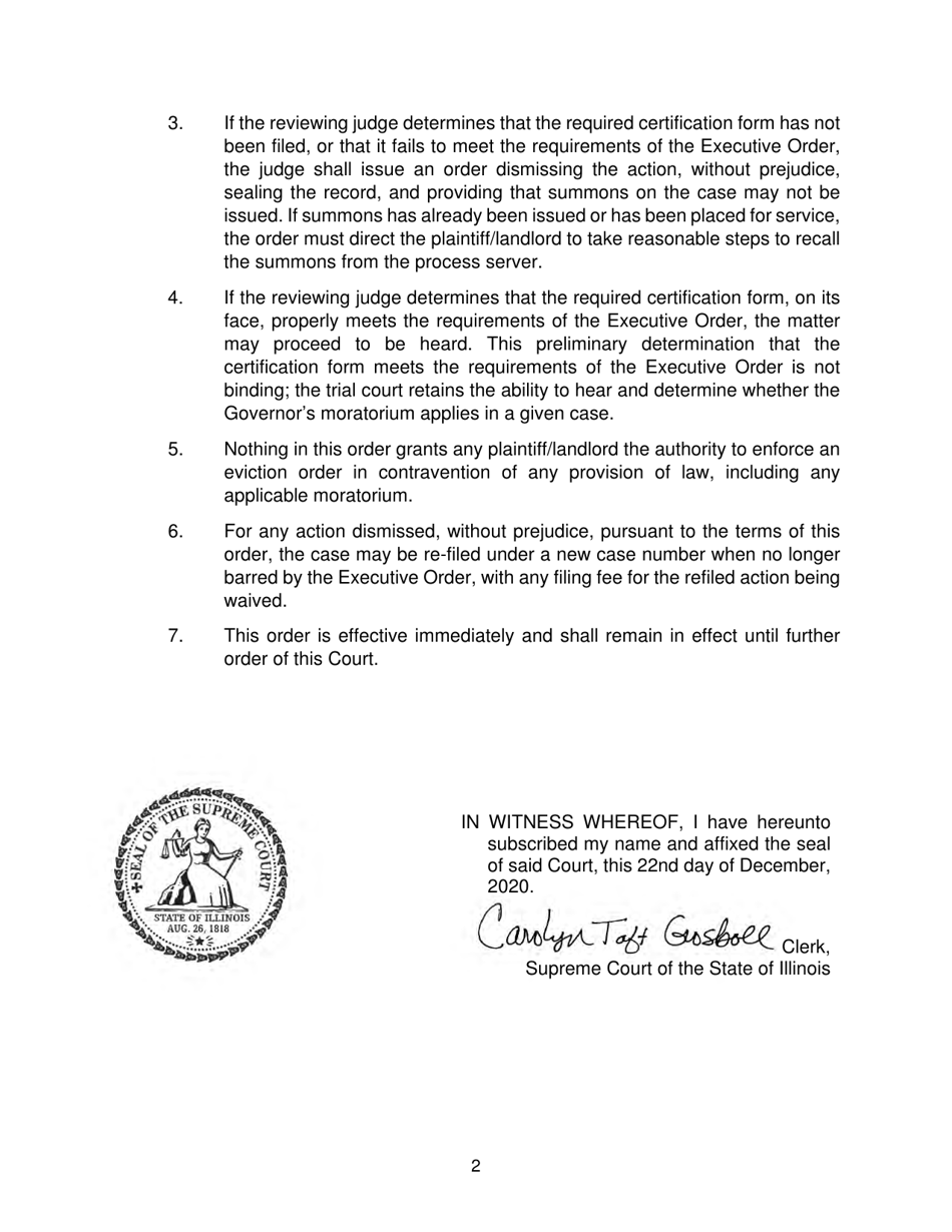 Appendix A Plaintiffs Certification of Compliance With the Governors Executive Order on Evictions - Illinois, Page 2