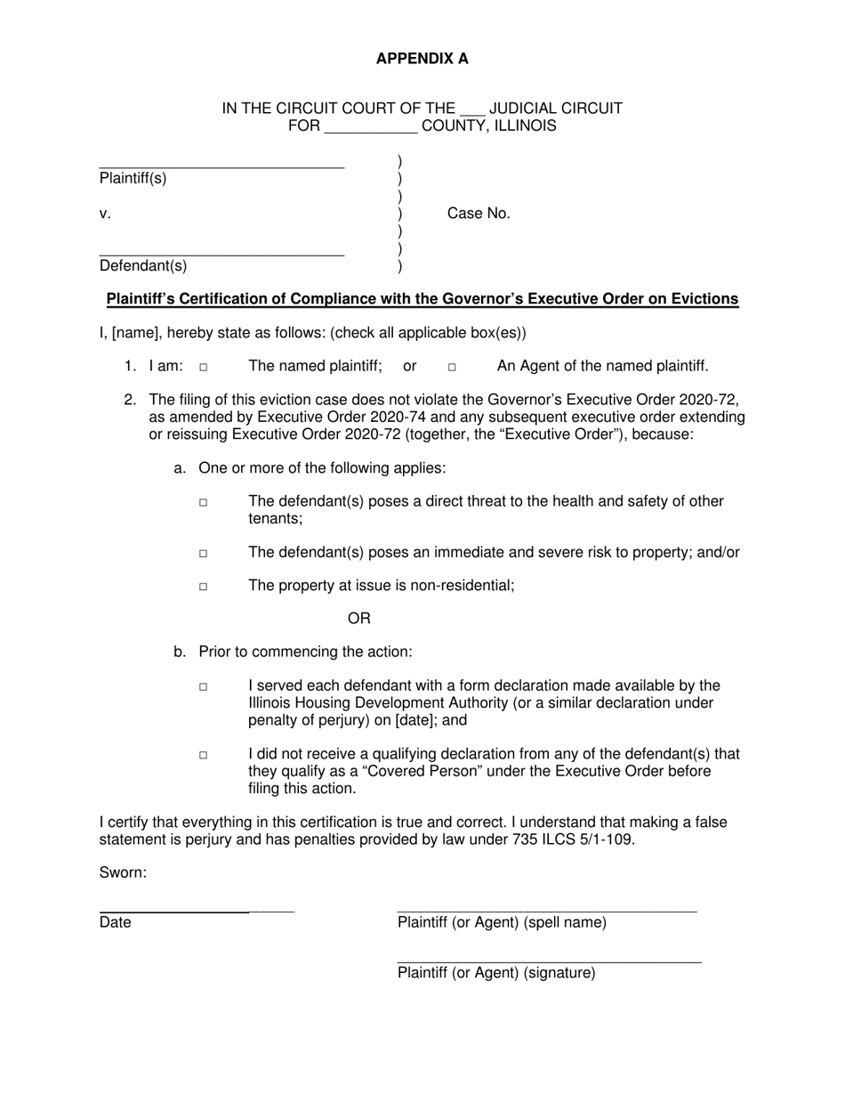 Appendix A Plaintiffs Certification of Compliance With the Governors Executive Order on Evictions - Illinois, Page 3