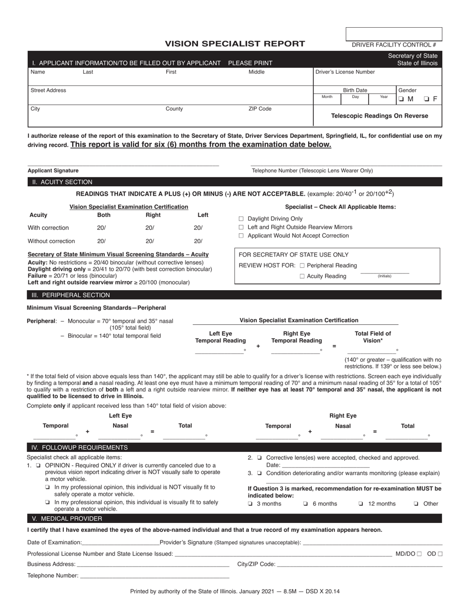Form DSD X20 Vision Specialist Report - Illinois, Page 1