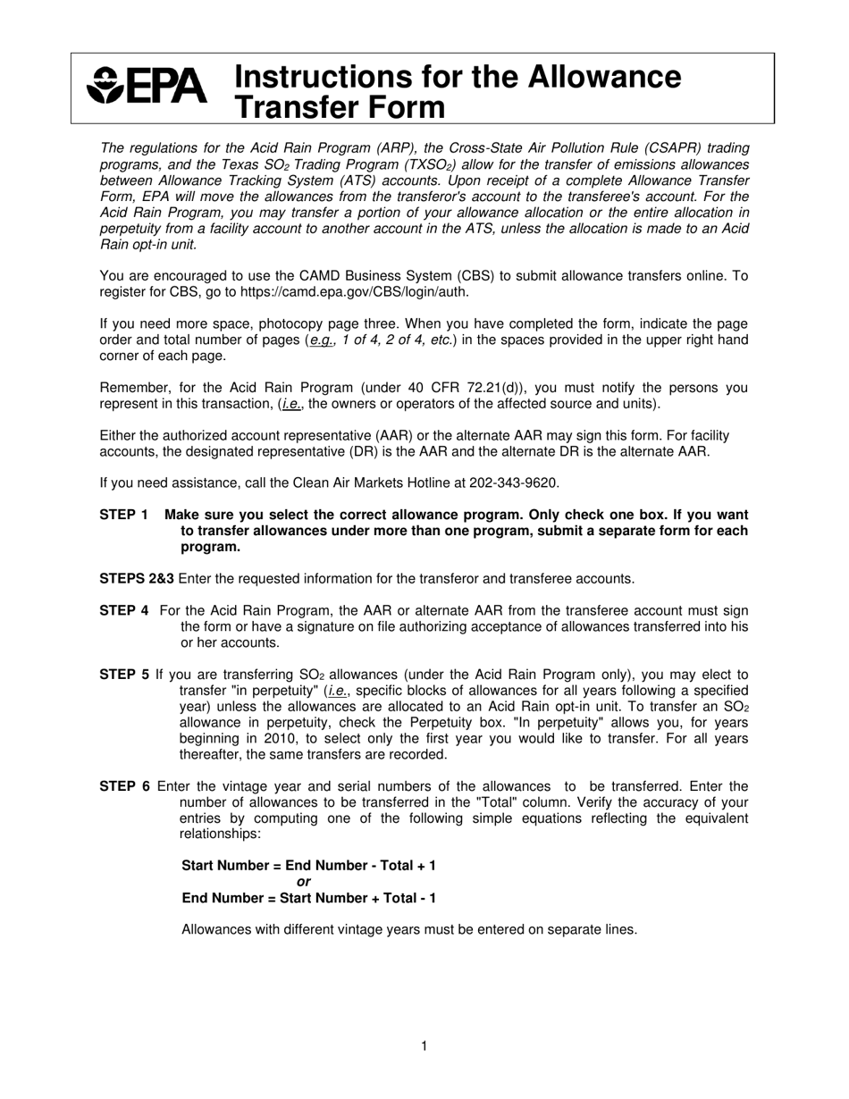 EPA Form 7610-6 Allowance Transfer Form, Page 1