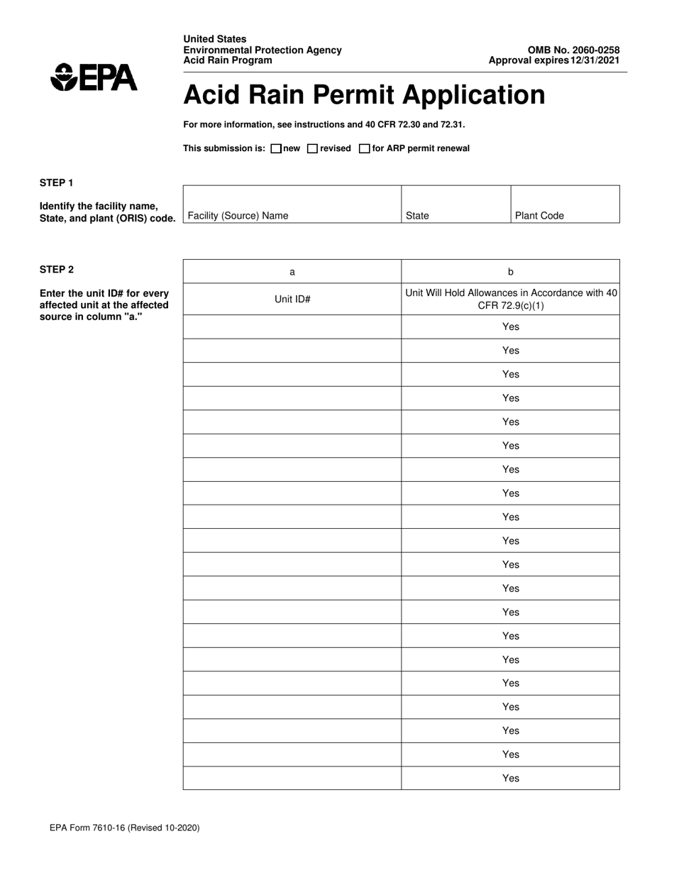 EPA Form 7610-16 Acid Rain Permit Application, Page 1