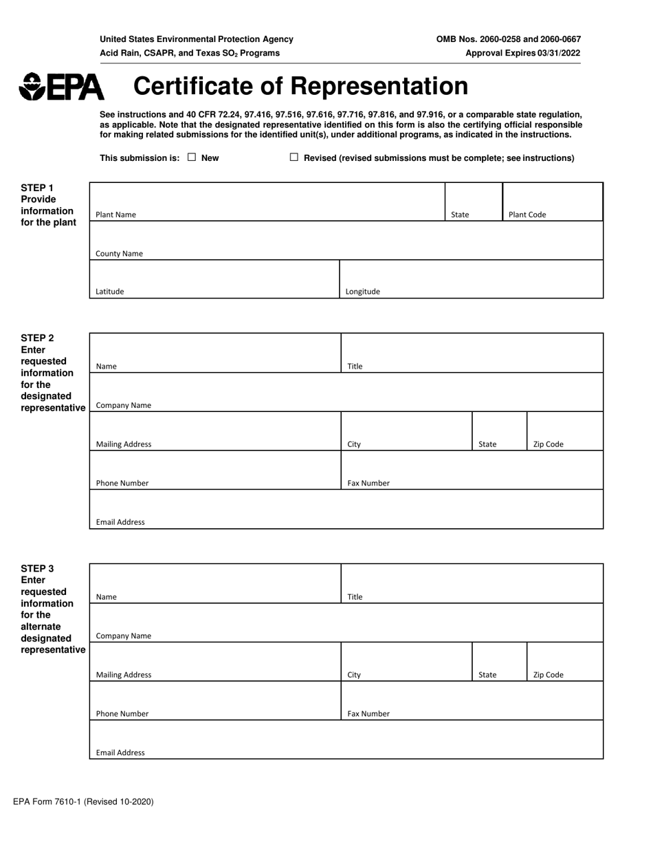 EPA Form 7610-1 Certificate of Representation, Page 1
