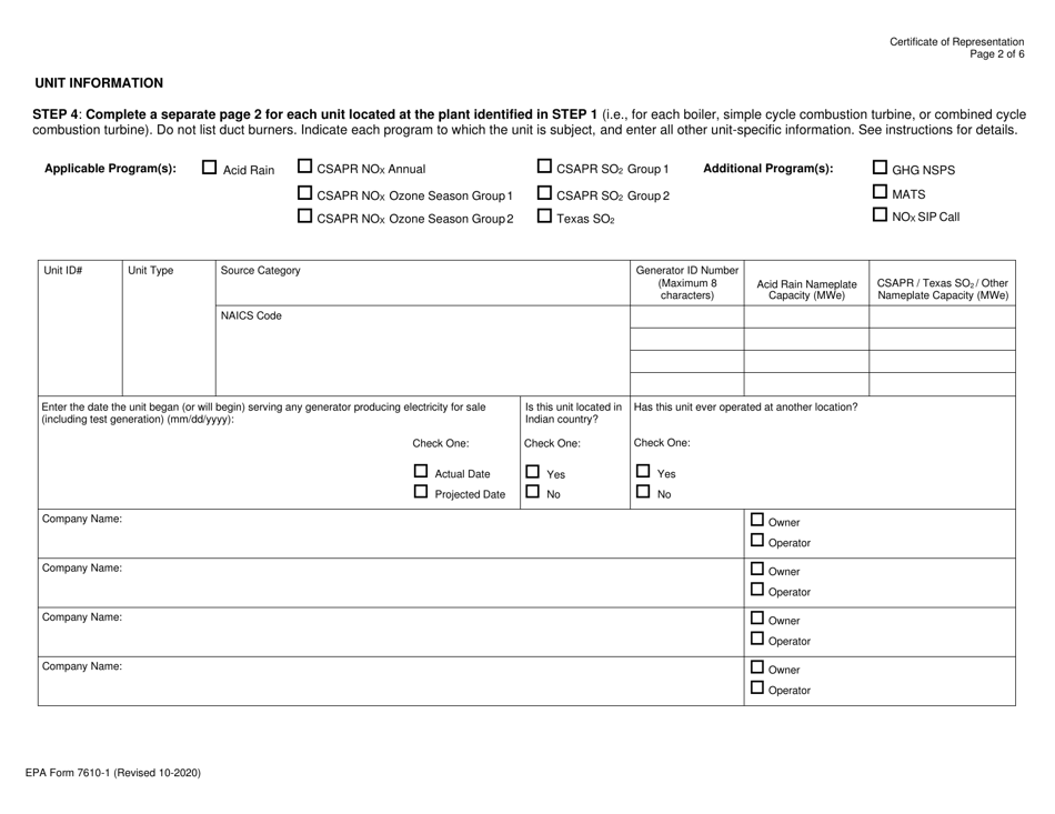 EPA Form 7610-1 Certificate of Representation, Page 2