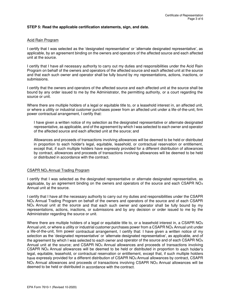 EPA Form 7610-1 Certificate of Representation, Page 3