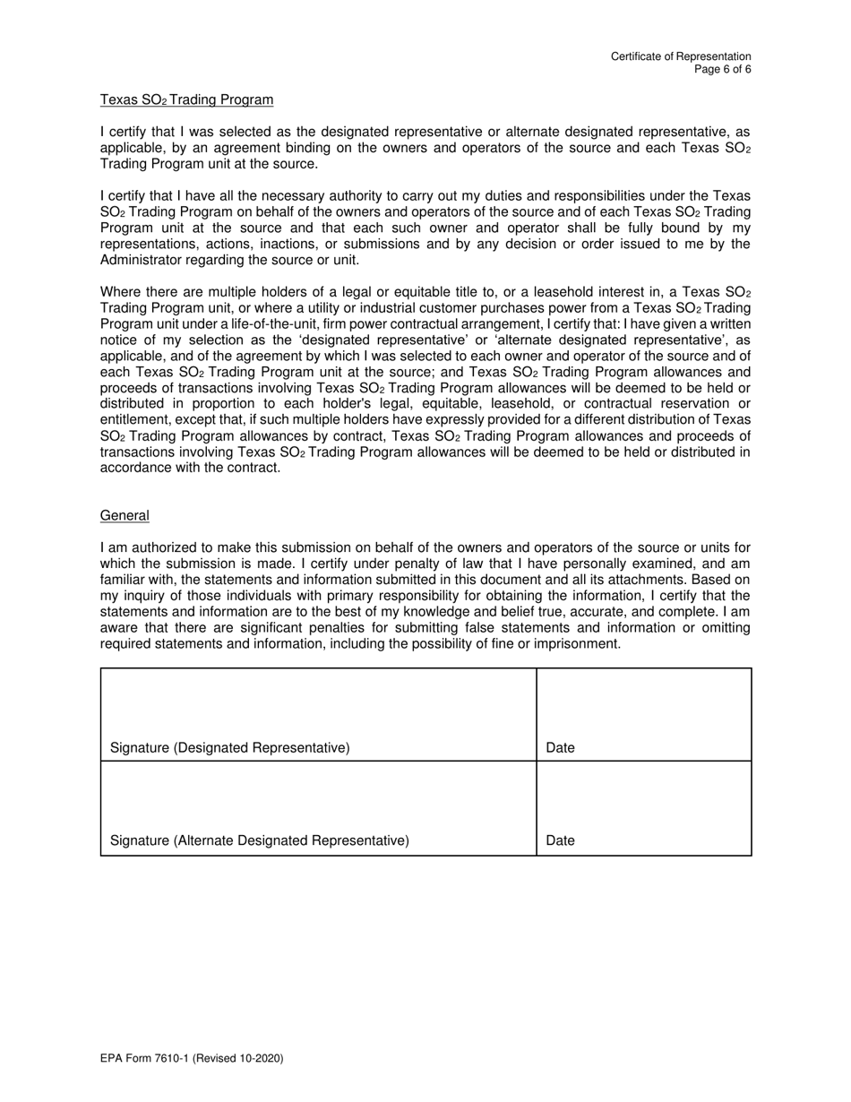 EPA Form 7610-1 Certificate of Representation, Page 6