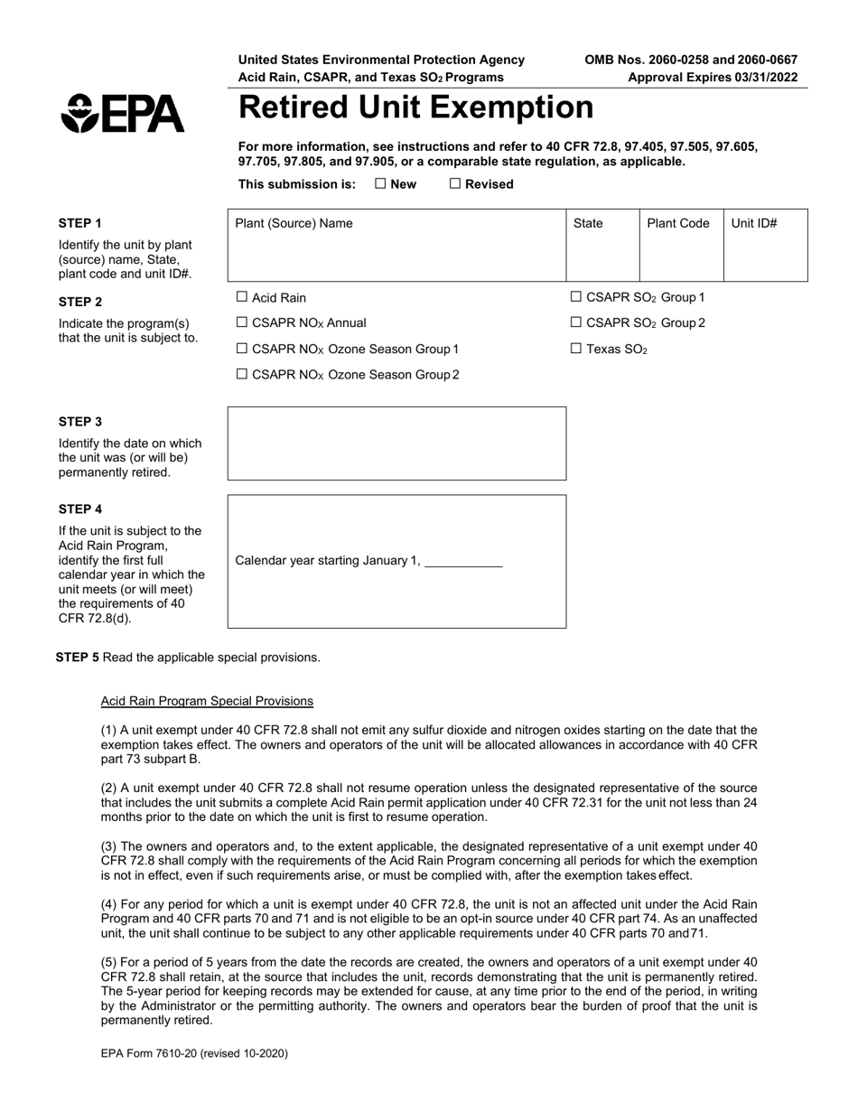 EPA Form 7610-20 Retired Unit Exemption, Page 1