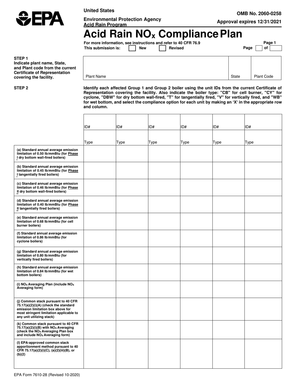 EPA Form 7610-28 Acid Rain Nox Compliance Plan, Page 1