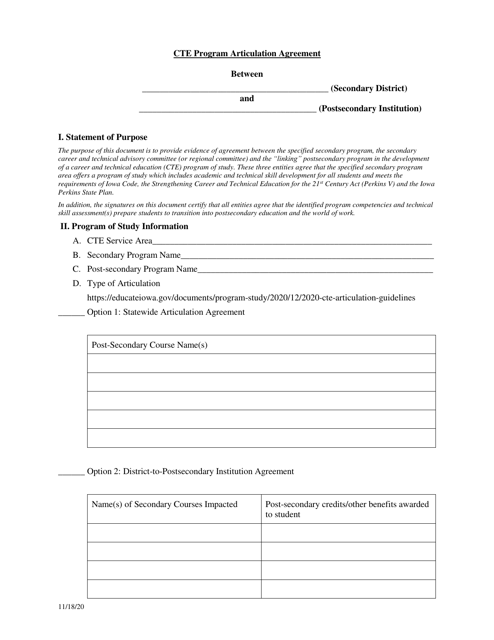 Cte Program Articulation Agreement - Iowa Download Pdf