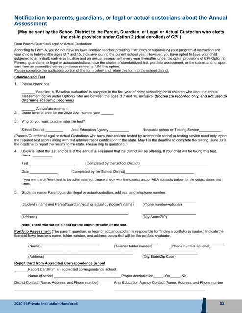 Notification to Parents, Guardians, or Legal or Actual Custodians About the Annual Assessment - Iowa, 2021