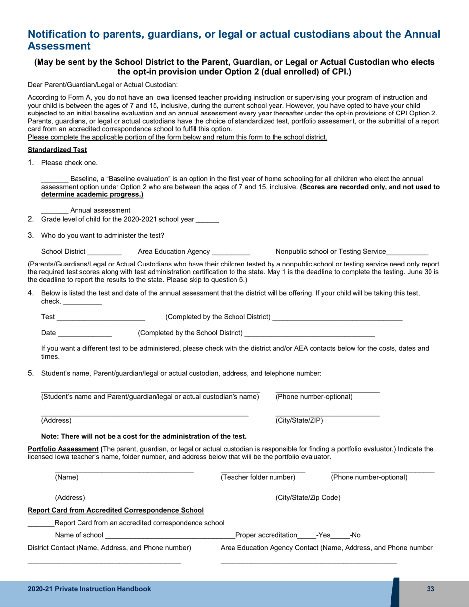 Notification to Parents, Guardians, or Legal or Actual Custodians About the Annual Assessment - Iowa, Page 1