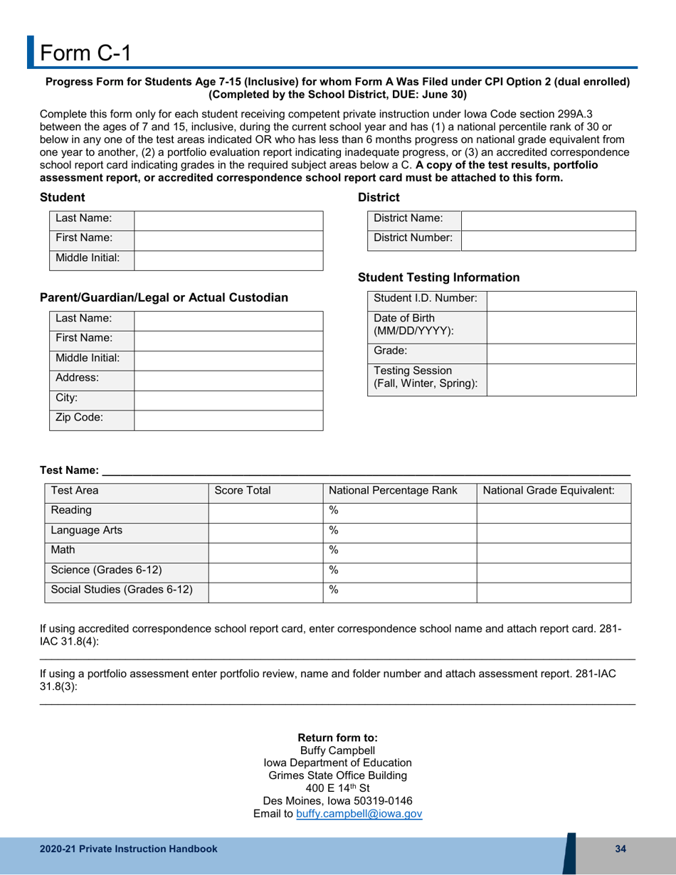 Form C-1 Progress Form for Students Age 7-15 (Inclusive) for Whom Form a Was Filed Under Cpi Option 2 (Dual Enrolled) - Iowa, Page 1