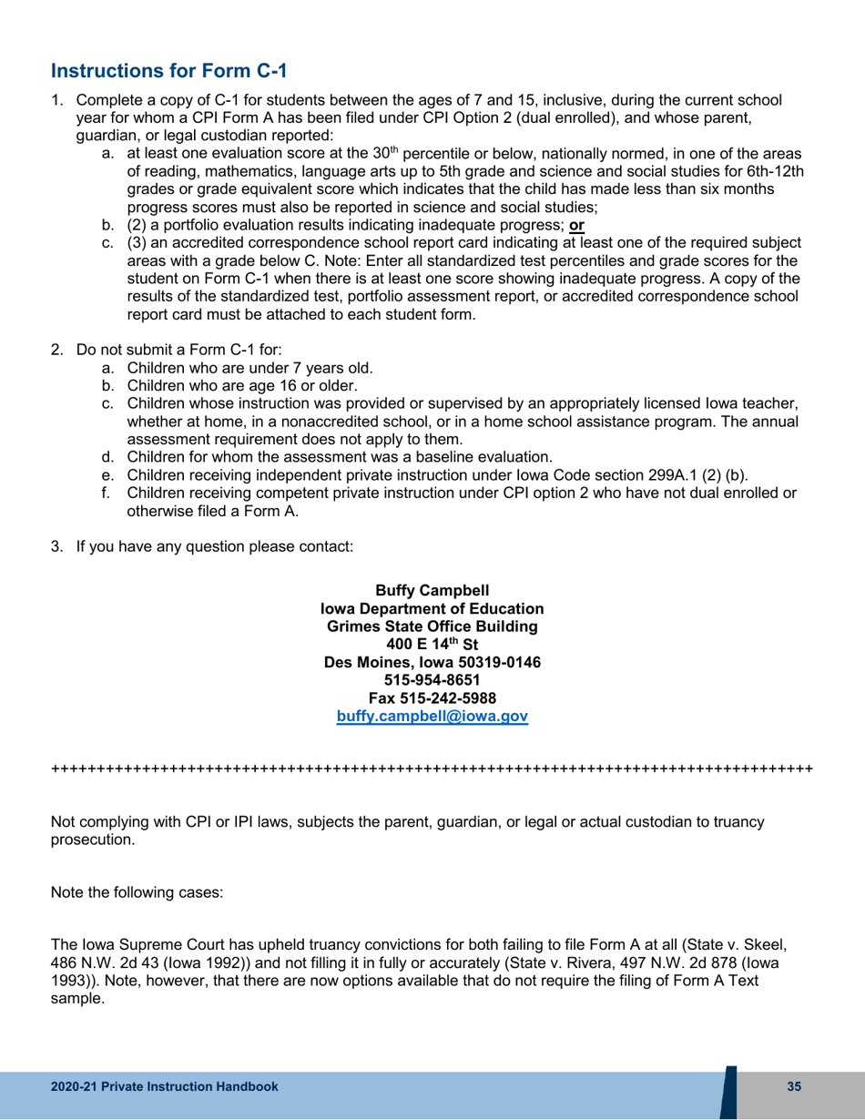 Form C-1 Progress Form for Students Age 7-15 (Inclusive) for Whom Form a Was Filed Under Cpi Option 2 (Dual Enrolled) - Iowa, Page 2