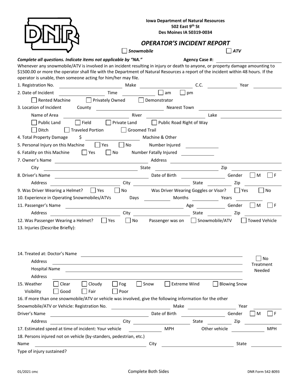 DNR Form 542-8093 Operators Incident Report - Iowa, Page 1