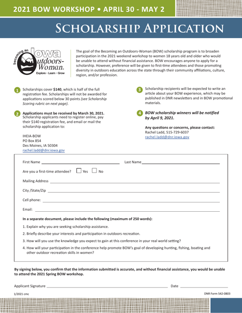 DNR Form 542-0803 Scholarship Application - Iowa, 2021