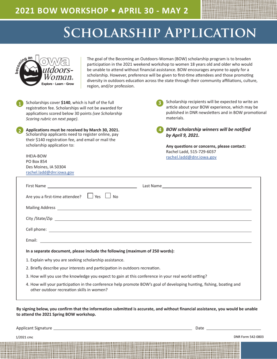 DNR Form 542-0803 Scholarship Application - Iowa, Page 1