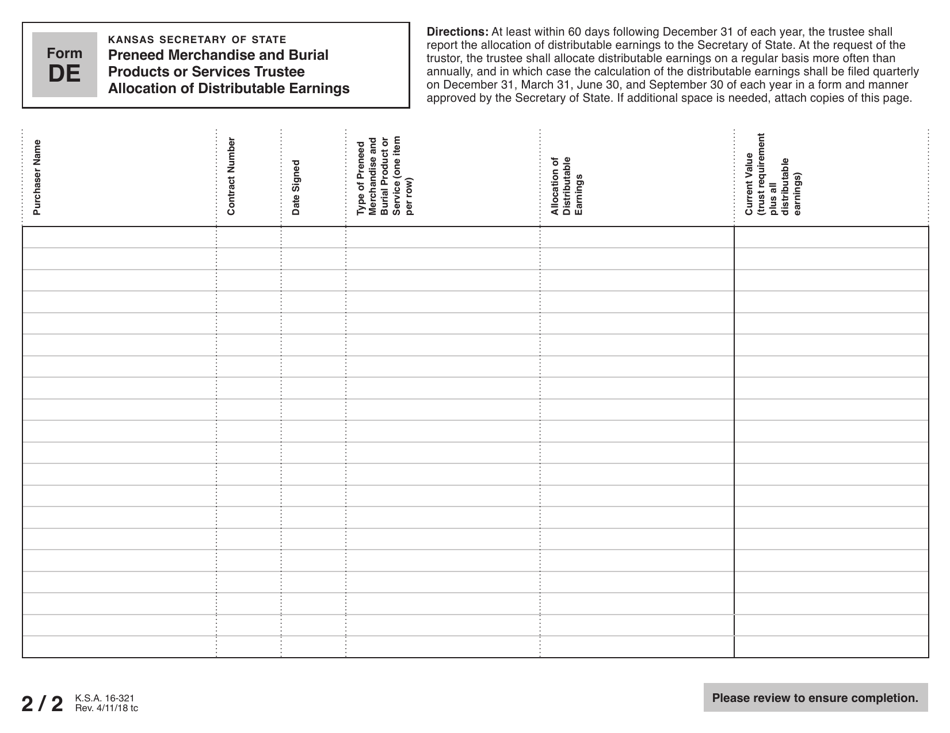 Form DE Preneed Merchandise and Burial Products or Services Trustee Allocation of Distributable Earnings - Kansas, Page 2