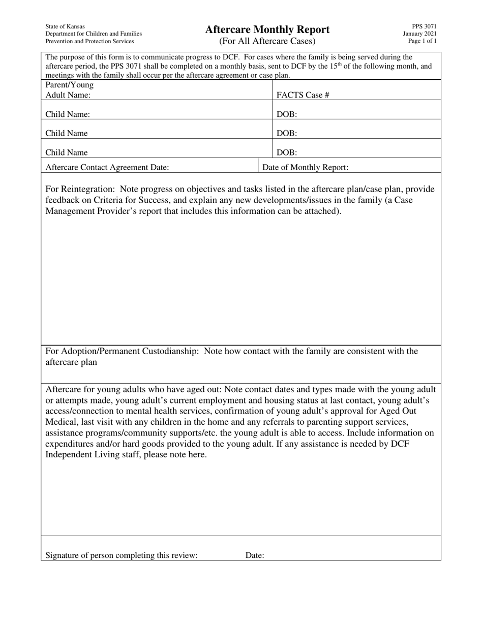 Form PPS3071 Aftercare Monthly Report - Kansas, Page 1