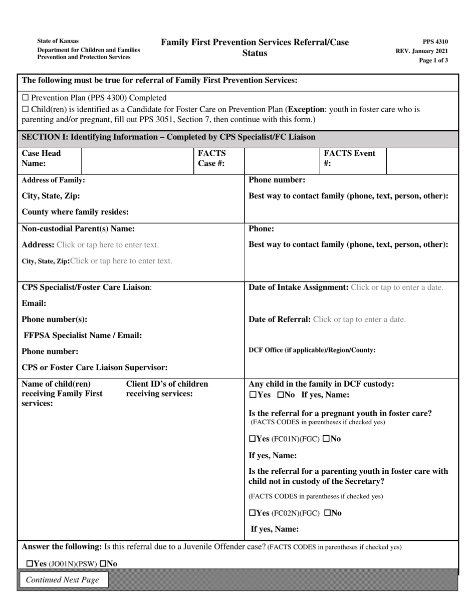 Form PPS4310 Family First Prevention Services Referral / Case Status - Kansas, Page 1