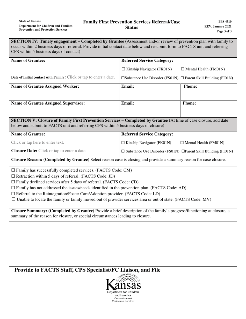 Form PPS4310 Family First Prevention Services Referral / Case Status - Kansas, Page 3