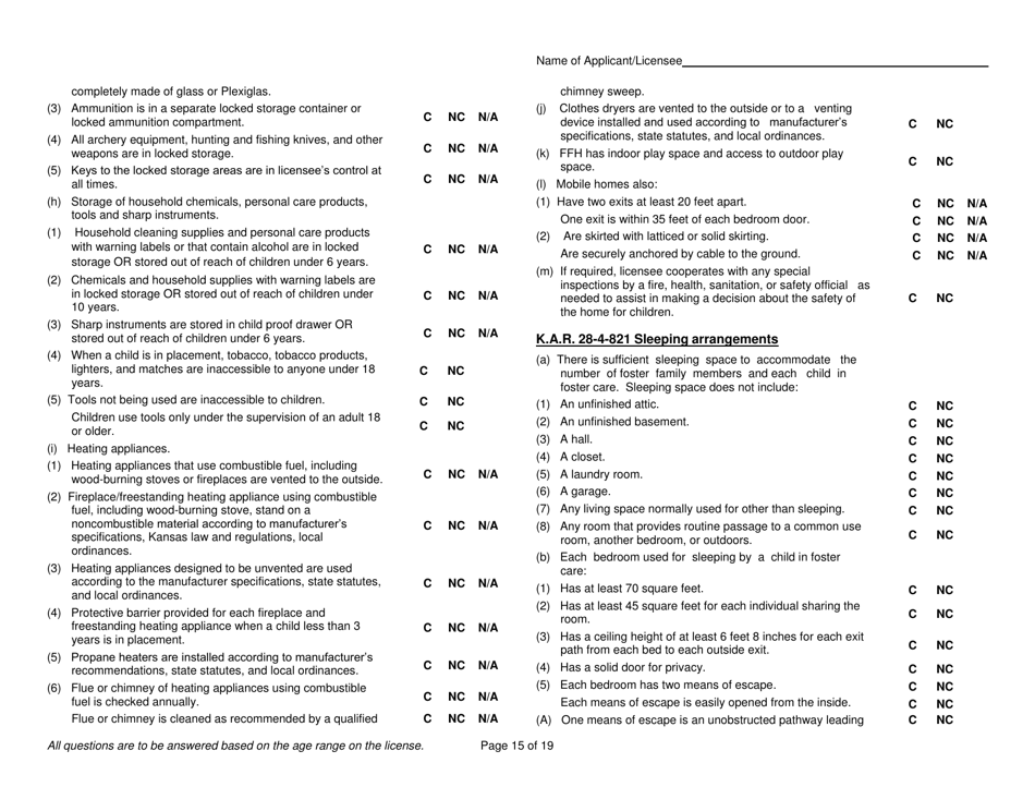 Form FCL403 Licensed  Approved Family Foster Home Initial Survey Instrument - Kansas, Page 15