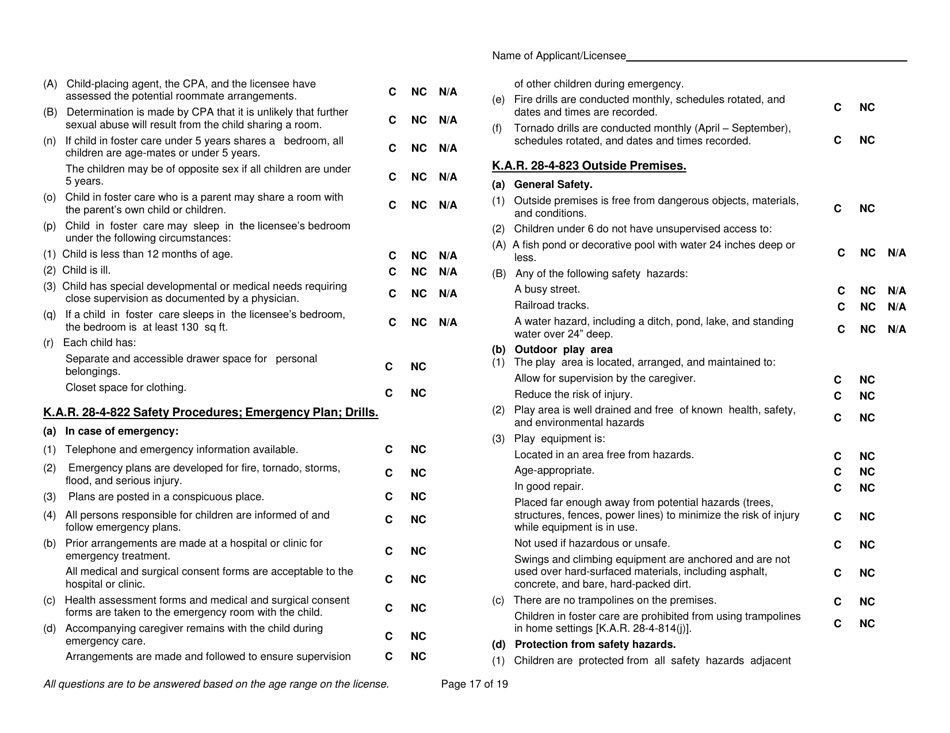 Form FCL403 Licensed  Approved Family Foster Home Initial Survey Instrument - Kansas, Page 17