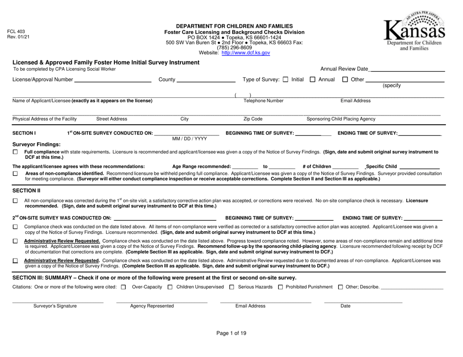 Form FCL403 Licensed  Approved Family Foster Home Initial Survey Instrument - Kansas, Page 1