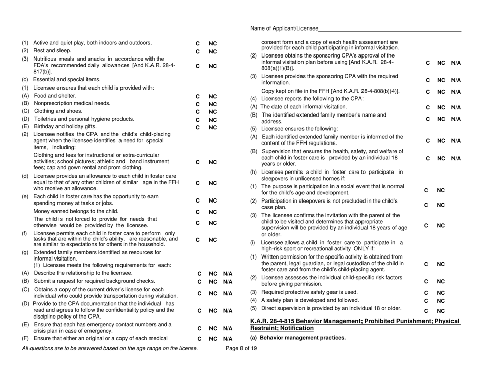 Form FCL403 Licensed  Approved Family Foster Home Initial Survey Instrument - Kansas, Page 8