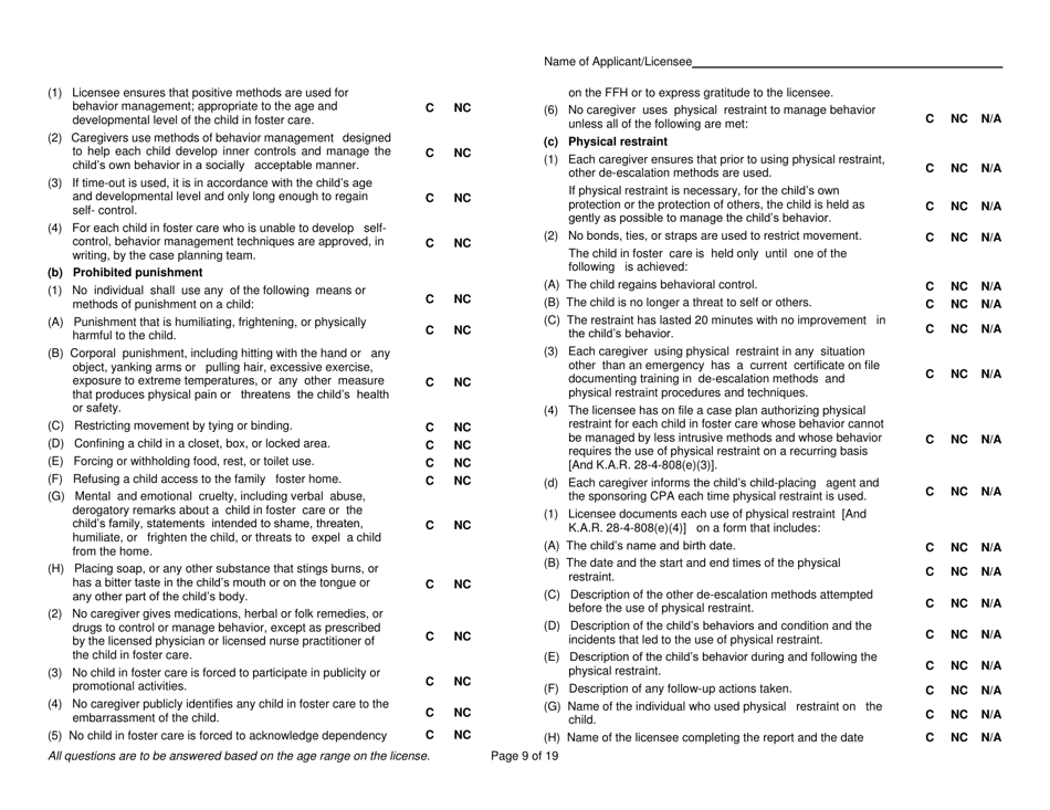 Form FCL403 Licensed  Approved Family Foster Home Initial Survey Instrument - Kansas, Page 9