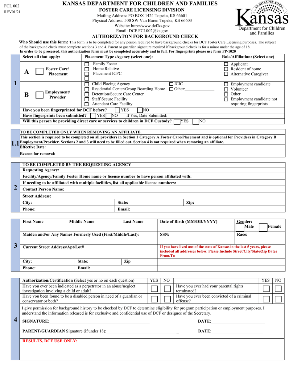 Form FCL002 Authorizaton for Background Check - Kansas, Page 1