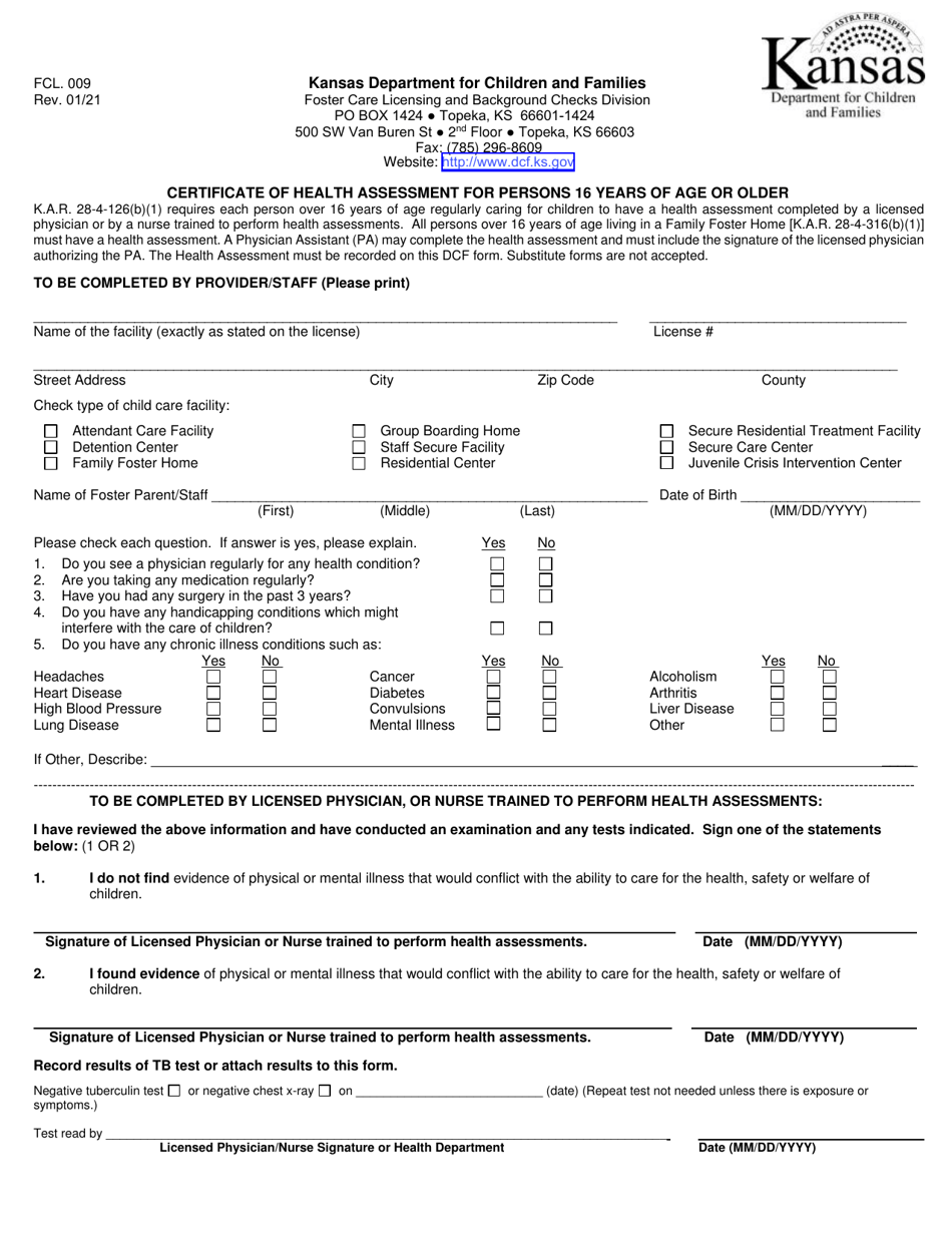 Form FCL009 Certificate of Health Assessment for Persons 16 Years of Age or Older - Kansas, Page 1